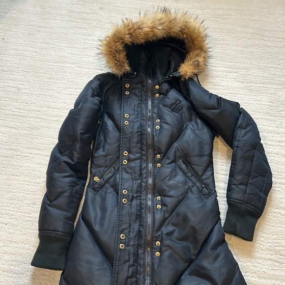 Roca Wear Womens Black Down Puffer Trench Coat down-fill Lined fur Hood Size XS - Picture 5 of 10